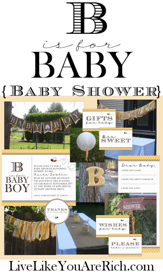 This theme could be used as a boy, girl, or gender neutral shower by simply saying Bee is for Baby... free printables, lots of ideas, way cute!